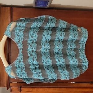 FREE PEOPLE | Gray Turquoise Boxy Lace Sheer Oversized Dolman Sleeve Blouse - S